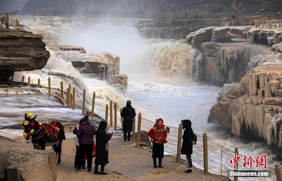 黄河秦晋峡谷大面积流凌 壶口瀑布两岸现冰挂景观