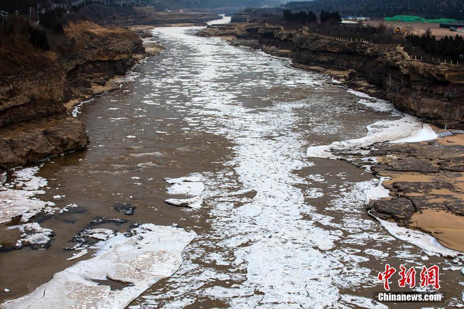 黄河秦晋峡谷大面积流凌 壶口瀑布两岸现冰挂景观